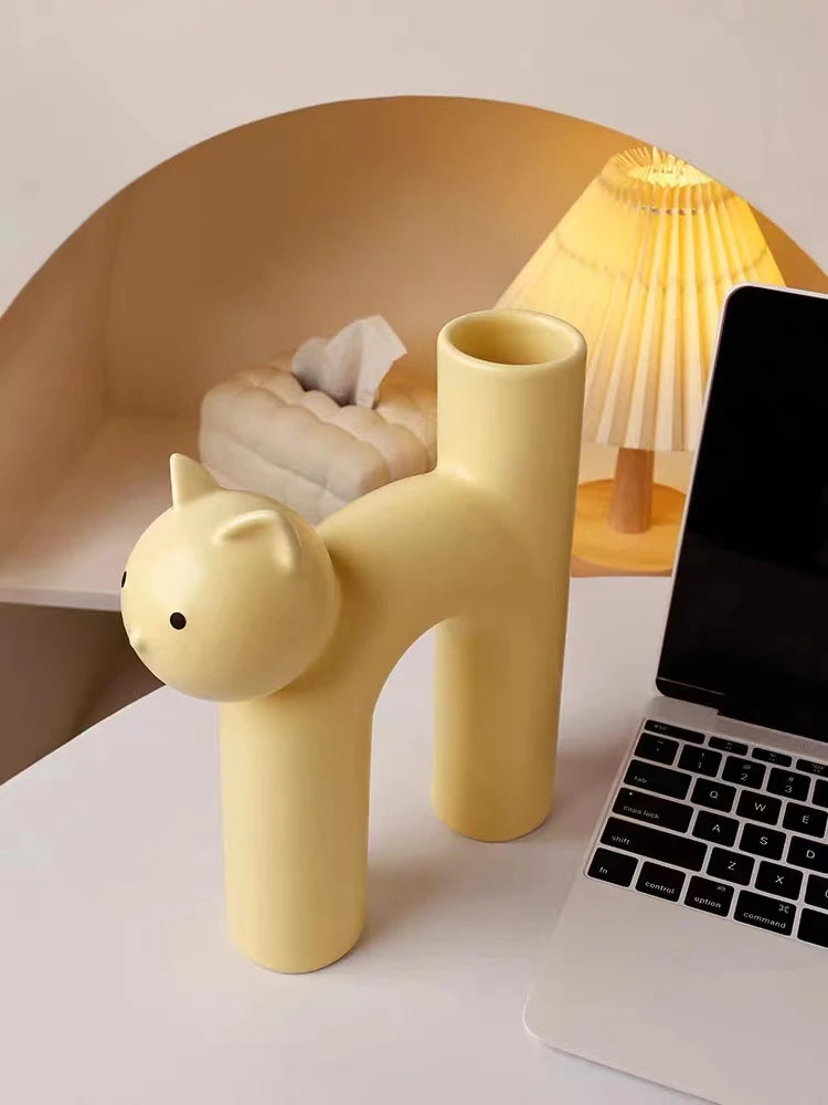 Ceramic Flower Vase Cute Tubular Kawaii Cat Vase Room Home Desktop Decoration Art Ornament Gift Flowerpot Vase Decor Oasis Select