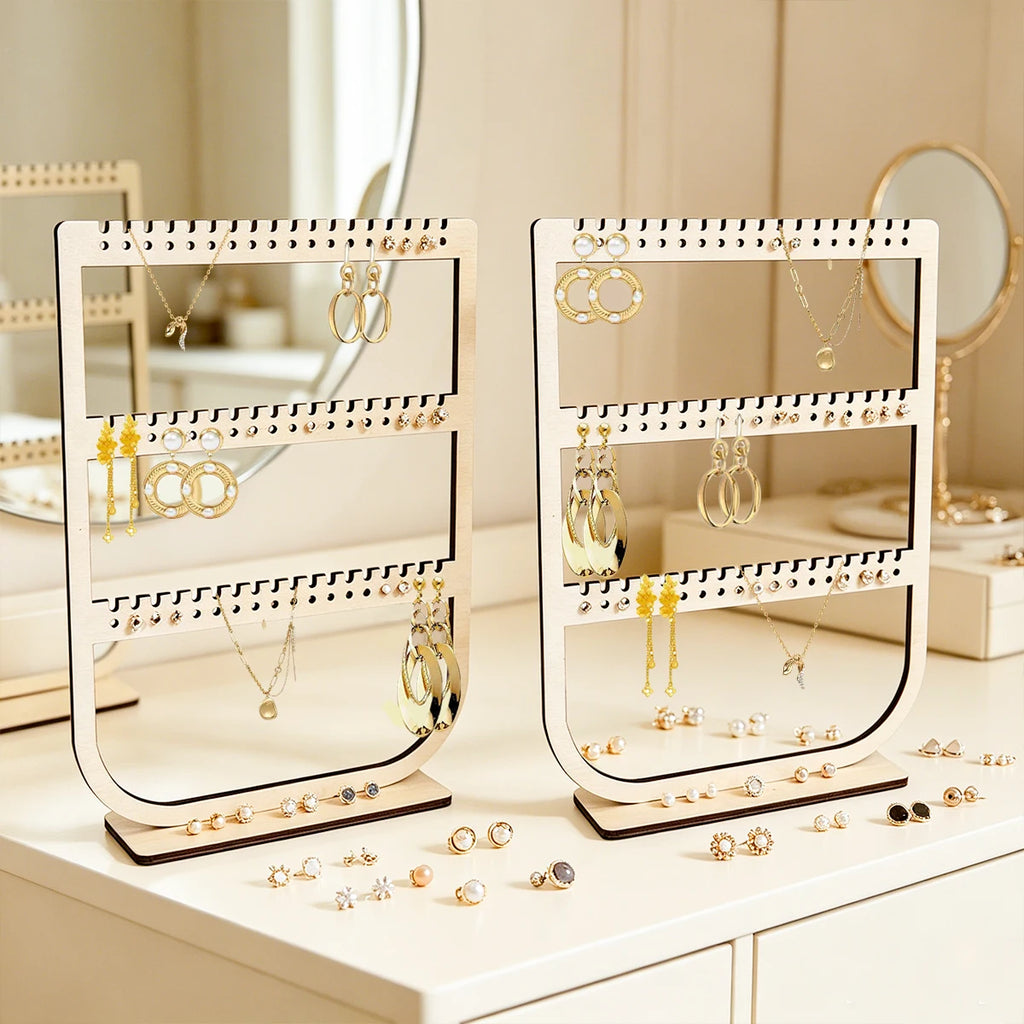 1pc wooden earrings necklace vertical desktop jewelry display storage rack detachable portable three-layer jewelry storage rack Oasis Select