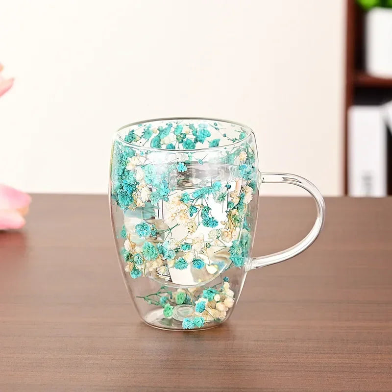 1PCS 300ml Double Wall Glass Cup with Handle Dried Flower Decorated Ins StyleDurable Coffee Milk Mug Heat Resistant Tea Cups Oasis Select White-blue-350ml 300ml