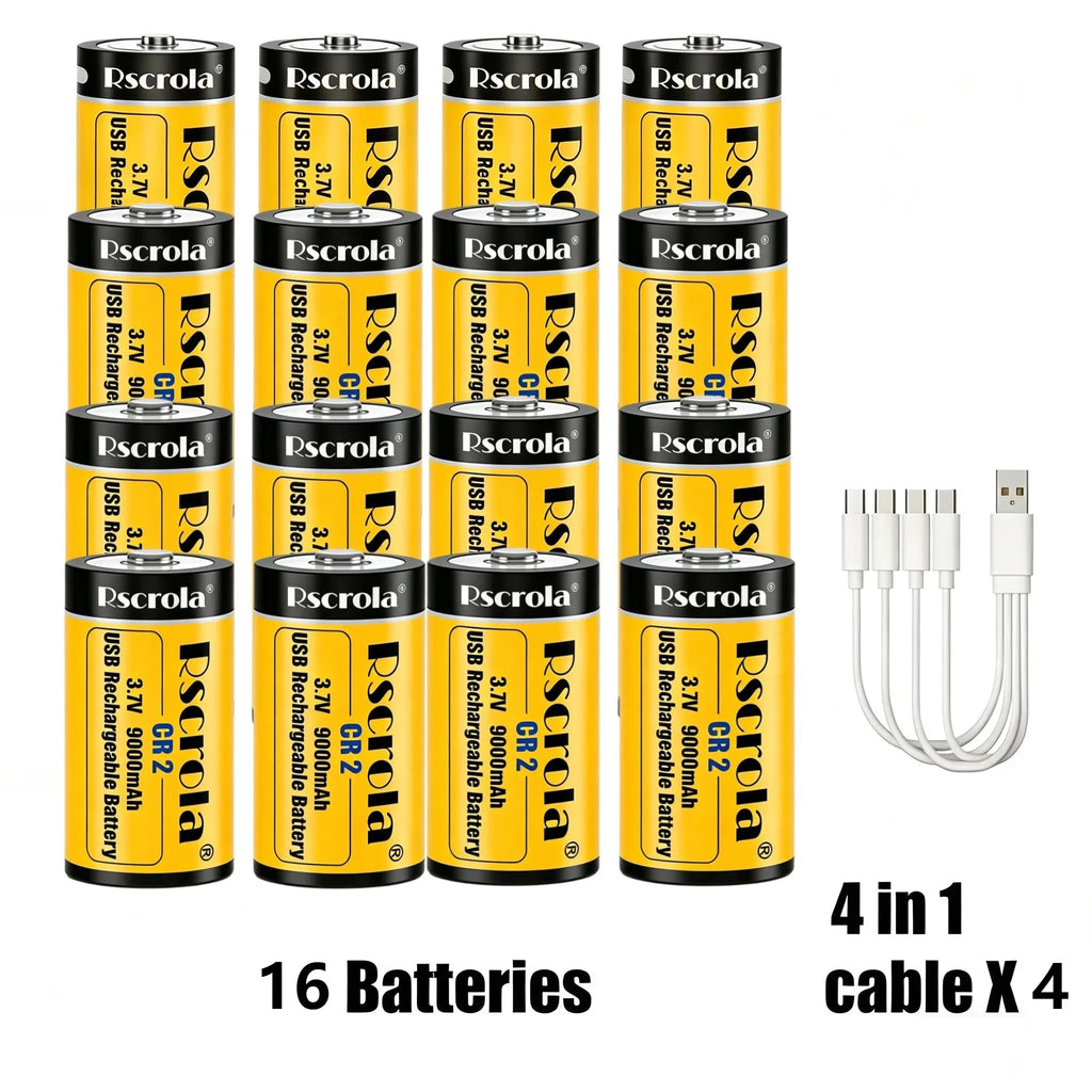 Long-Lasting CR2 Rechargeable Battery 9000mAh 3.7V, High Capacity Li-ion USB Fast Charge for GPS Camera Medical Oasis Select 16xCR2 4xCable4