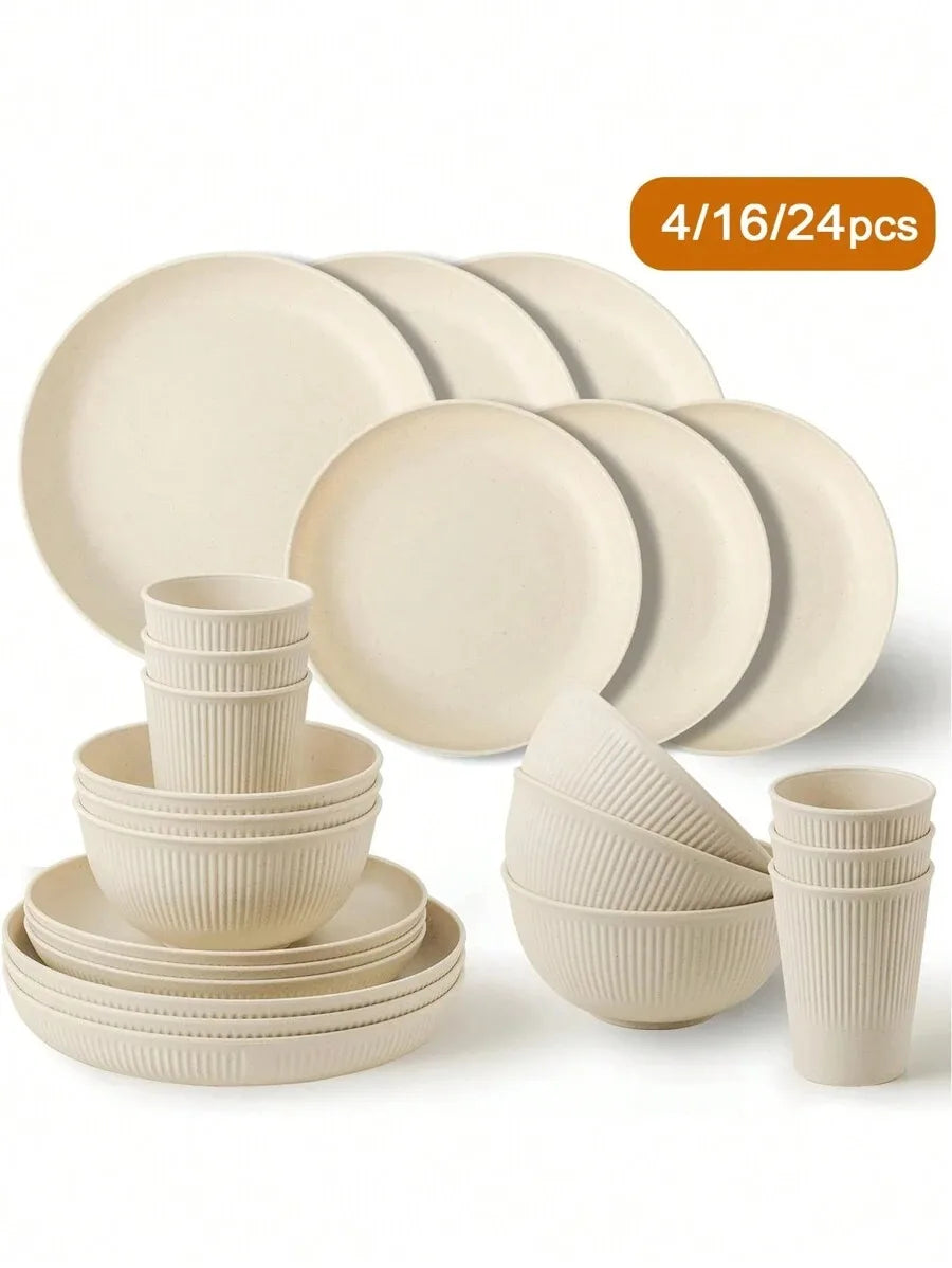4/8/16pcs Plastic Dinnerware Set Reusable Cup Plate and Bowl Set Suitable for Camper Camping Picnic Dormitory Beige Oasis Select