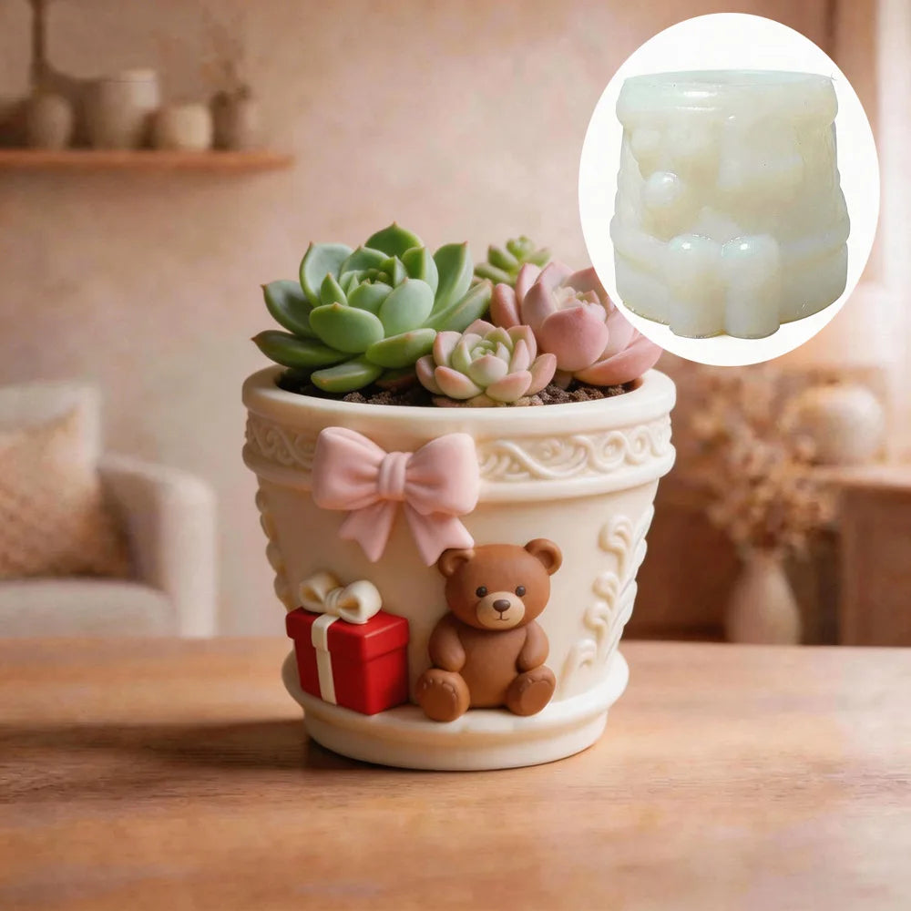 Cartoon Bear Scented Candle Cup Silicone Mold Cute Bear Bow Plaster Succulent Flower Pot Mold Oasis Select