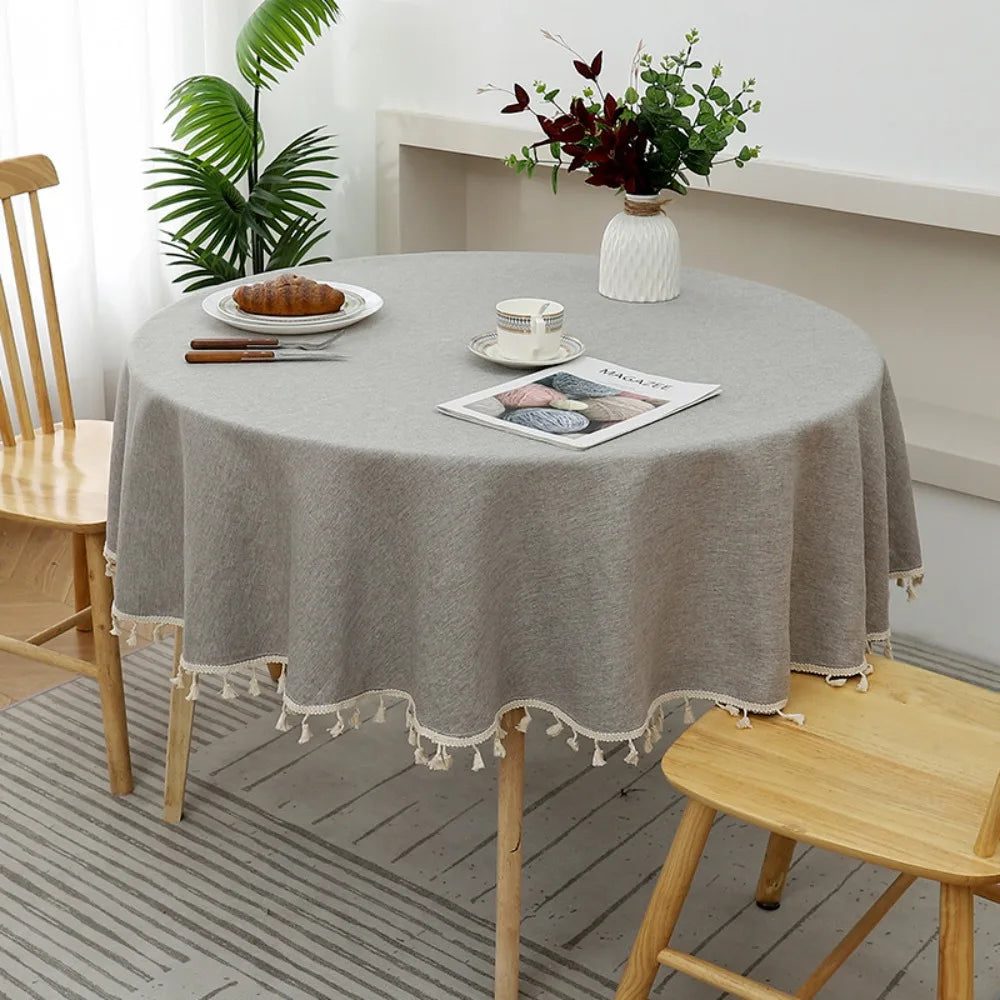 Round Cotton Linen Tablecloth with Tassels | Waterproof & Dustproof Round Tablecloth Oasis Select Grey 120CM