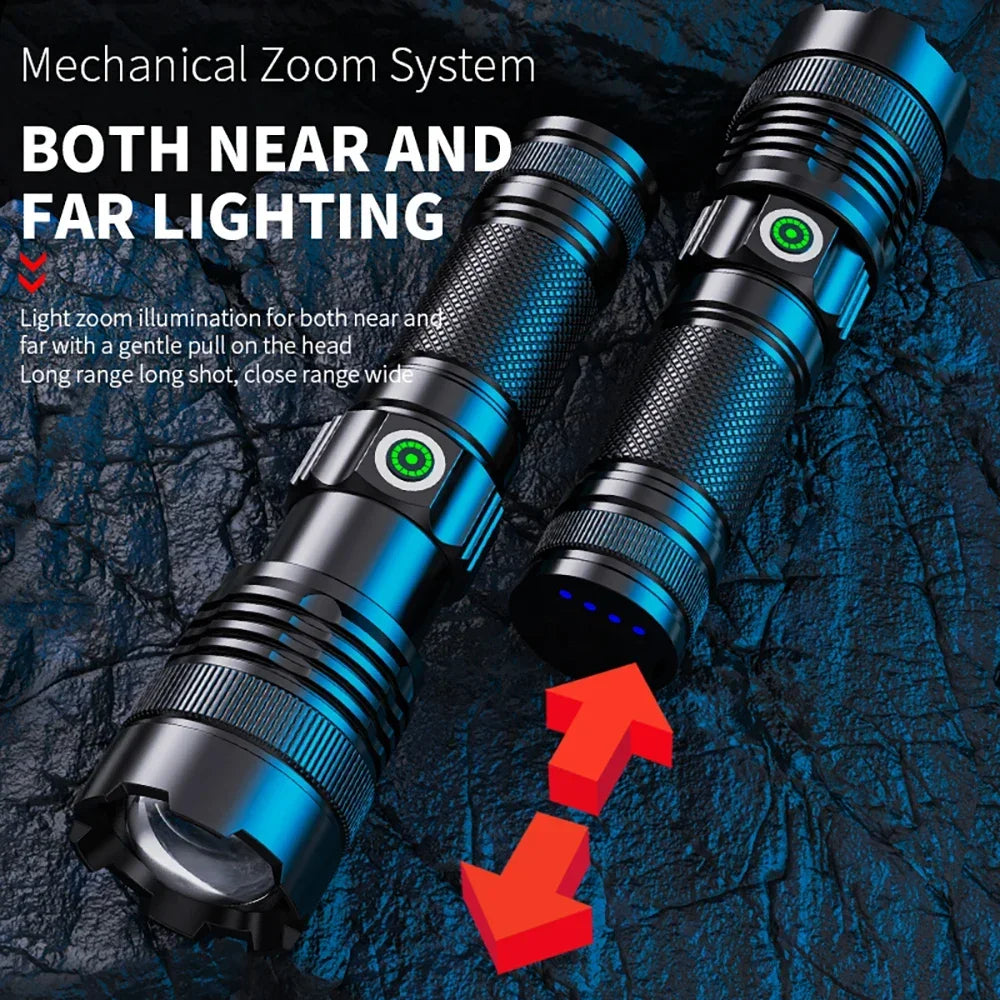 100000 Lumen Super Bright Spotlight Long Range LED Flashlight Built-in Battery USB Charging Waterproof Portable Camping Torch Oasis Select