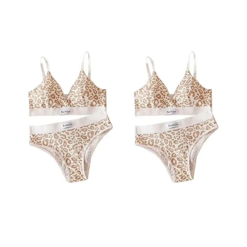1-4pcs Summer Set New Women's Leopard Print Traceless and Steel Rim Bra Adjustable Shoulder Strap Back Women's Underwear Set Oasis Select Khaki 2 set One Size