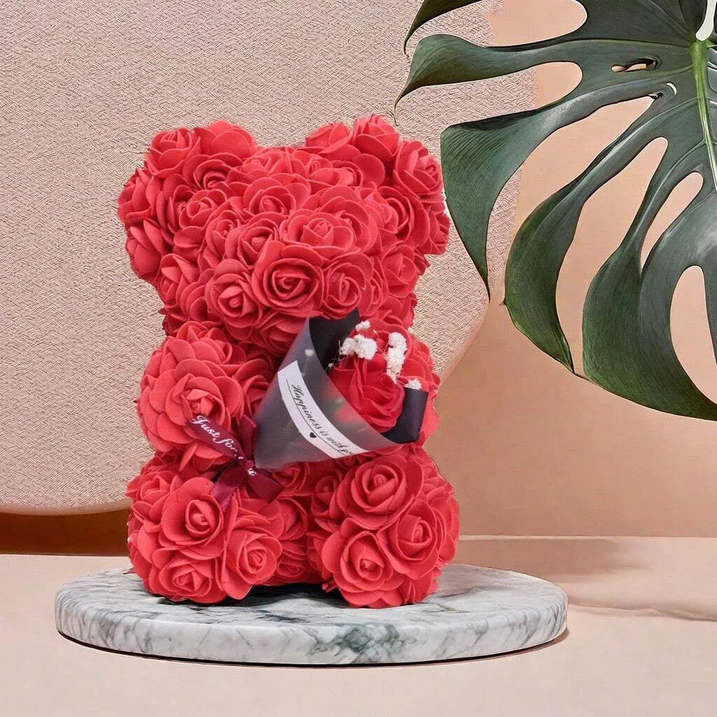 Foam rose teddy bear carry bouquet. Ideal for weddings, Mother's Day, thank you to nurses/teachers or other celebrations! Oasis Select Red