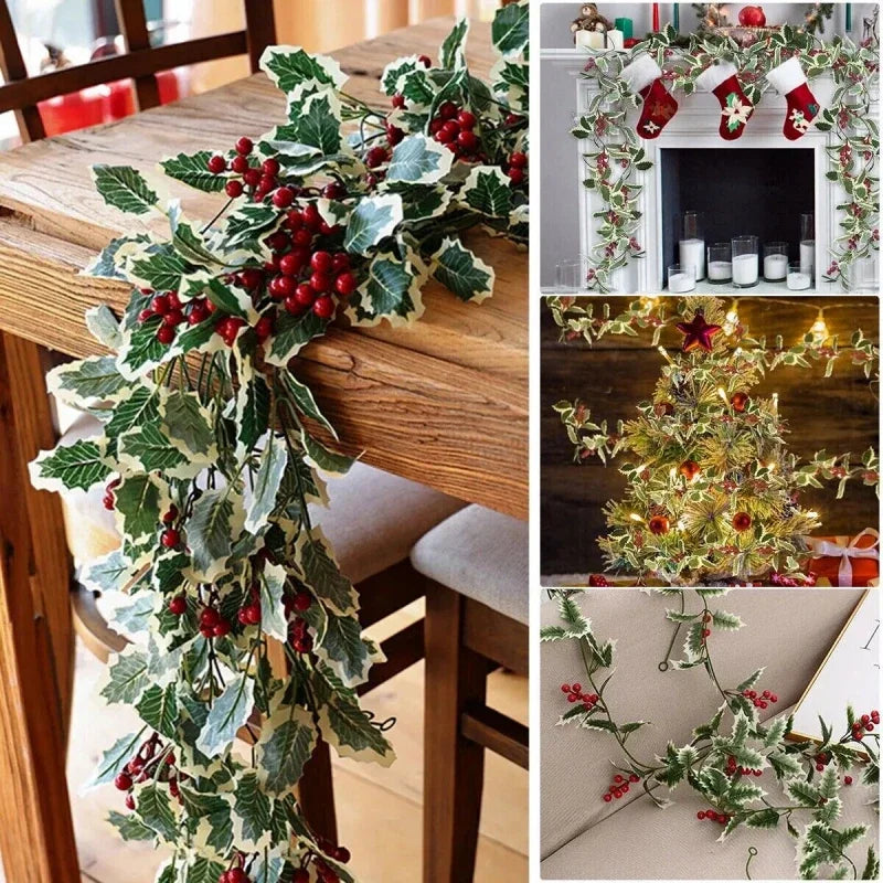 2M Christmas Garland String Light Artificial Red Berry Holly Leaves DIY Rattan Wreath For Xmas New Year Holiday Home Decoration Oasis Select
