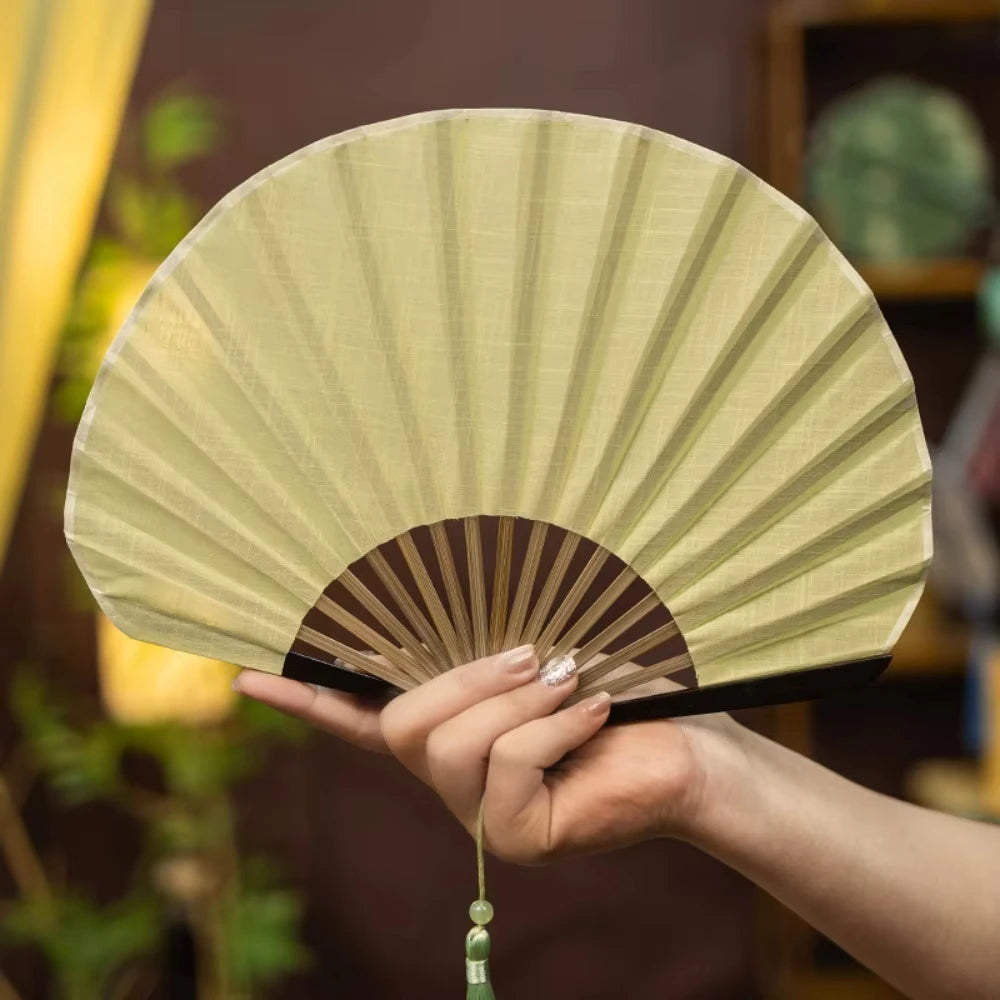 Japanese Style Retro Shell Shaped Fan Silk Cloth Bamboo Folding Fans with Pendant Wedding Hand Fans Solid Color Curved Fanbone Oasis Select B