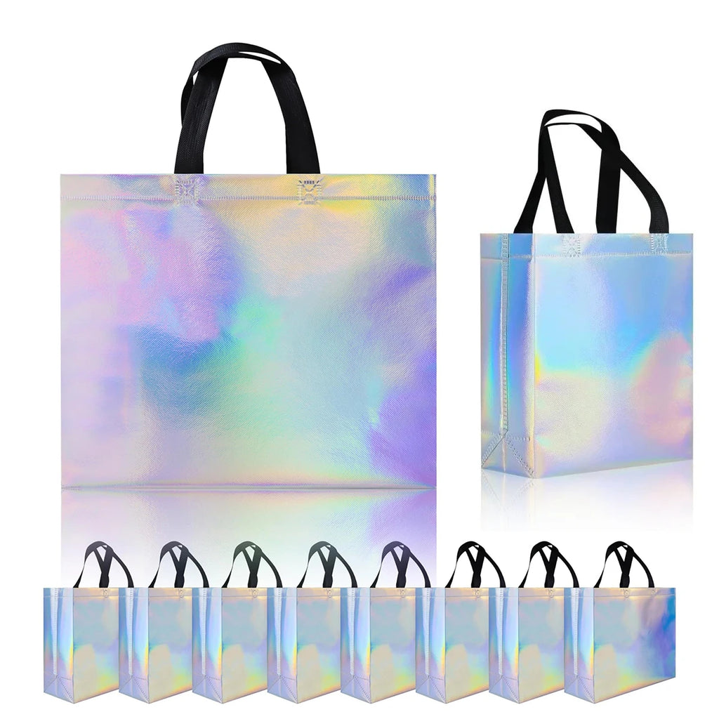 5/10/15 PCS Iridescent Gift Bags with Handles Glossy Shimmer Reusable Tote Stand Up Base for Wedding Birthday Party Favors Oasis Select