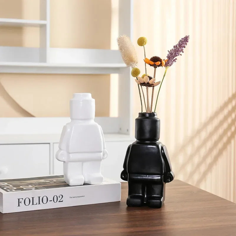 Creative Abstract Art Figurative Robot Dry Flower Vase Resin Crafts Living Room Office Desktop Decoration Oasis Select