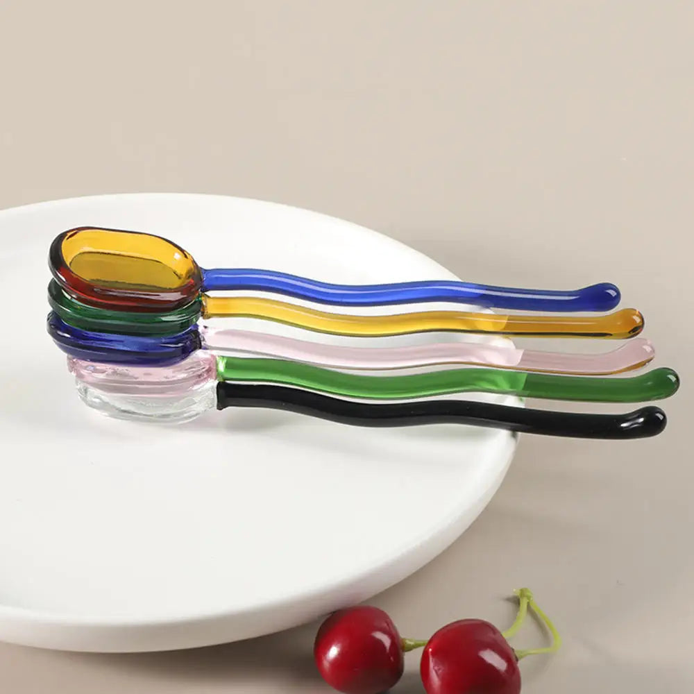 Simple Creative Milk Dessert Spoon Color Pastoral High Temperature Resistant Glass Spoon Cute Long Handle Coffee Mixing Spoon Oasis Select