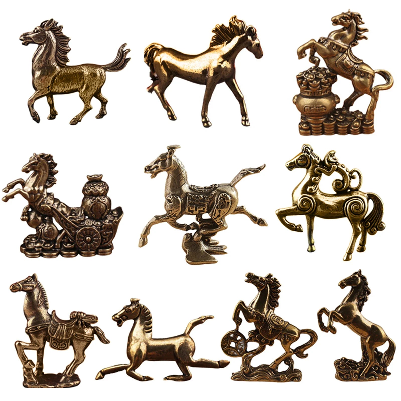 Brass Horse Figurines Chinese New Year Zodiac Horse Ornament Feng Shui Lucky Statue Home Office Desktop Decoration Crafts Oasis Select