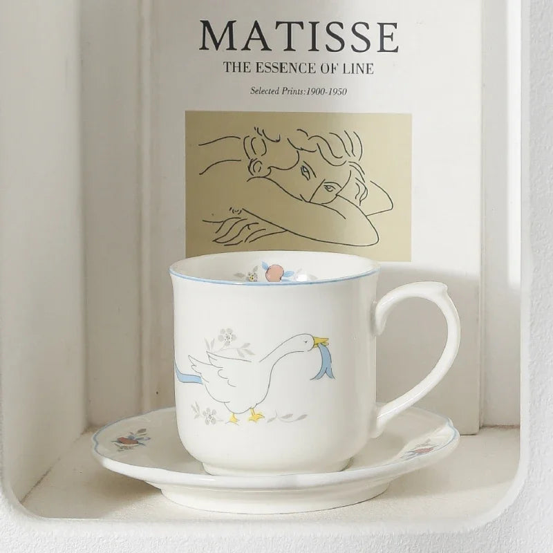 Cartoon Swan Floral Ceramic Mugs Coffee Cups Plate Set Milk Tea Cup Ins Korean Style Oatmeal Breakfast Mug Drinkware Kitchen Cup Oasis Select