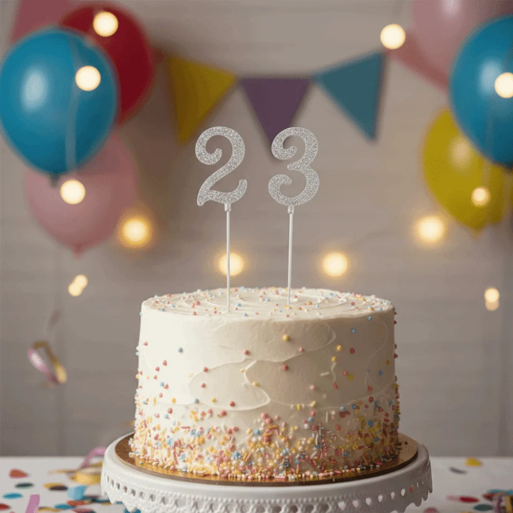 Rhinestone Number Cake Topper – Glitter Silver Birthday Set