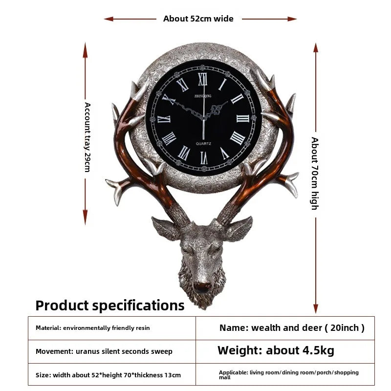 European Clock Living Room Creative Retro Deer Head Wall Clock Porch Home Silent Wall Clock Home Decor Living Room Decoration Oasis Select