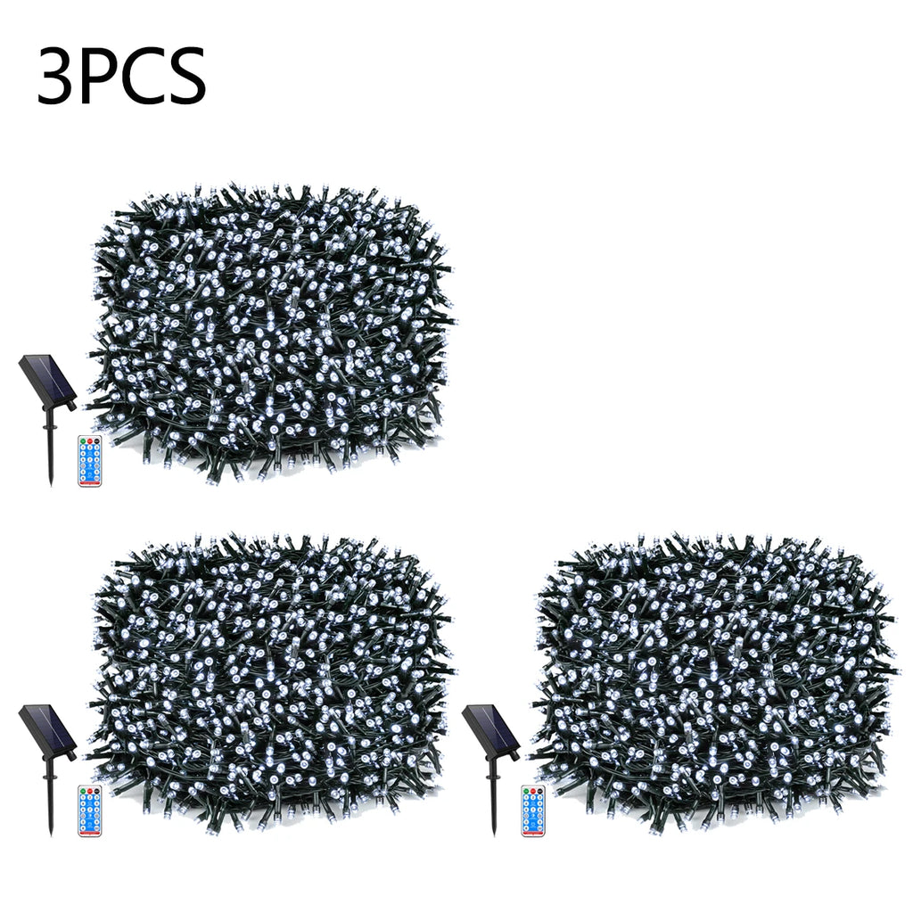 Outdoor Solar Lawn Street Light String 1/2/3/4Pcs Holiday Christmas Tree Stair Handail Decor Light Panel+Remote Control Dimmable Oasis Select 3PCS White 10M 100LEDs