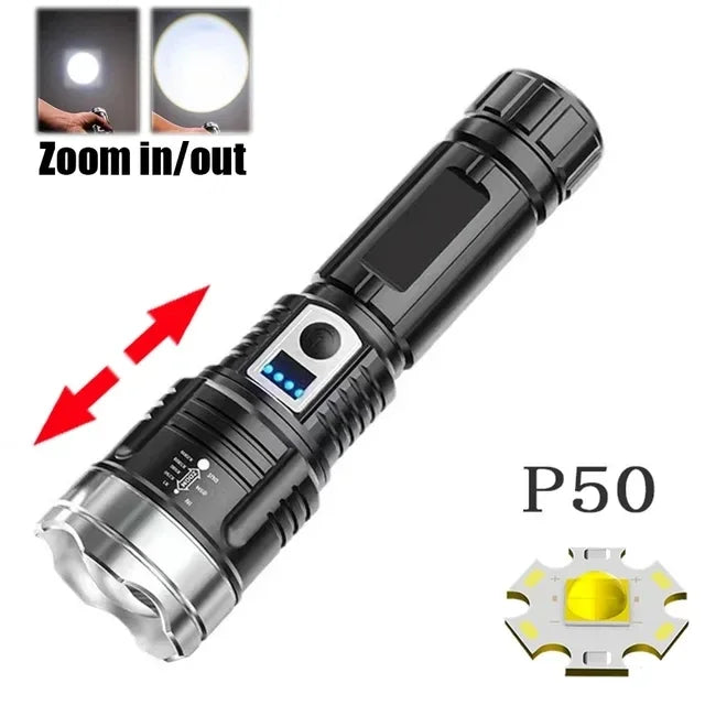 High Power 200000LM LED Flashlight Built-in Battery Type-C Rechargeable Strong Light Torch Outdoor Camping Hiking Emergency Lamp Oasis Select P50 1200MAH