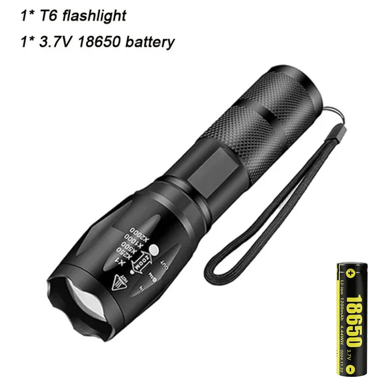 Powerful T6 LED Flashlights 5 Mode Zoom Light Aluminum Alloys Built-in 18650 Battery Waterproof Material Lamp for Camping Torch Oasis Select T6 flashlight