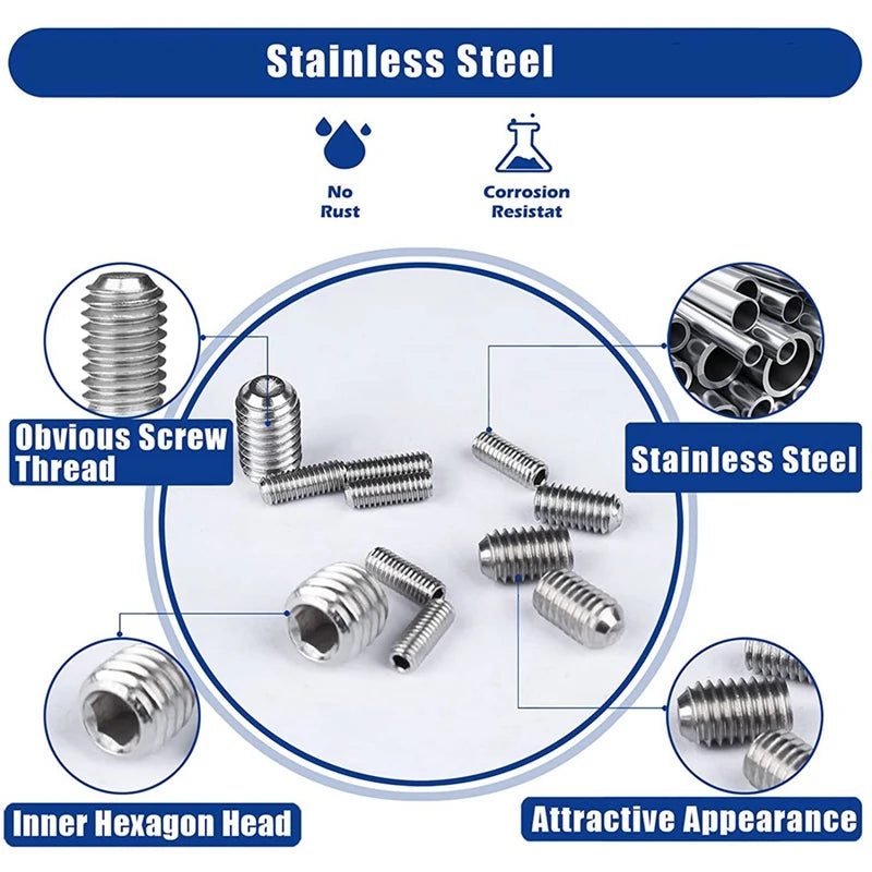 300 Pieces Internal Hex Drive Cup-Point Screws Set 304 Stainless Steel Grub Screw M2.5-M8 Oasis Select