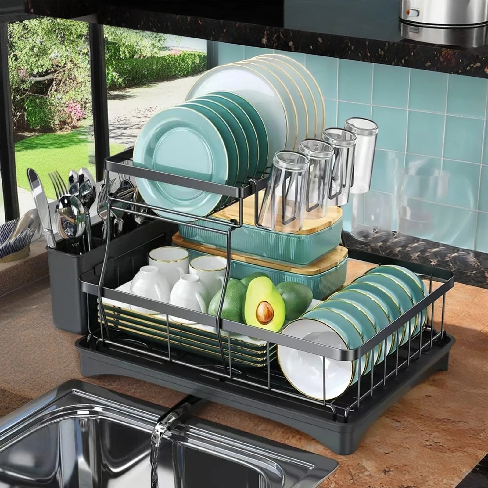 Large 2-tier dish drying rack for kitchen countertops, removable large-capacity dish draining rack Oasis Select