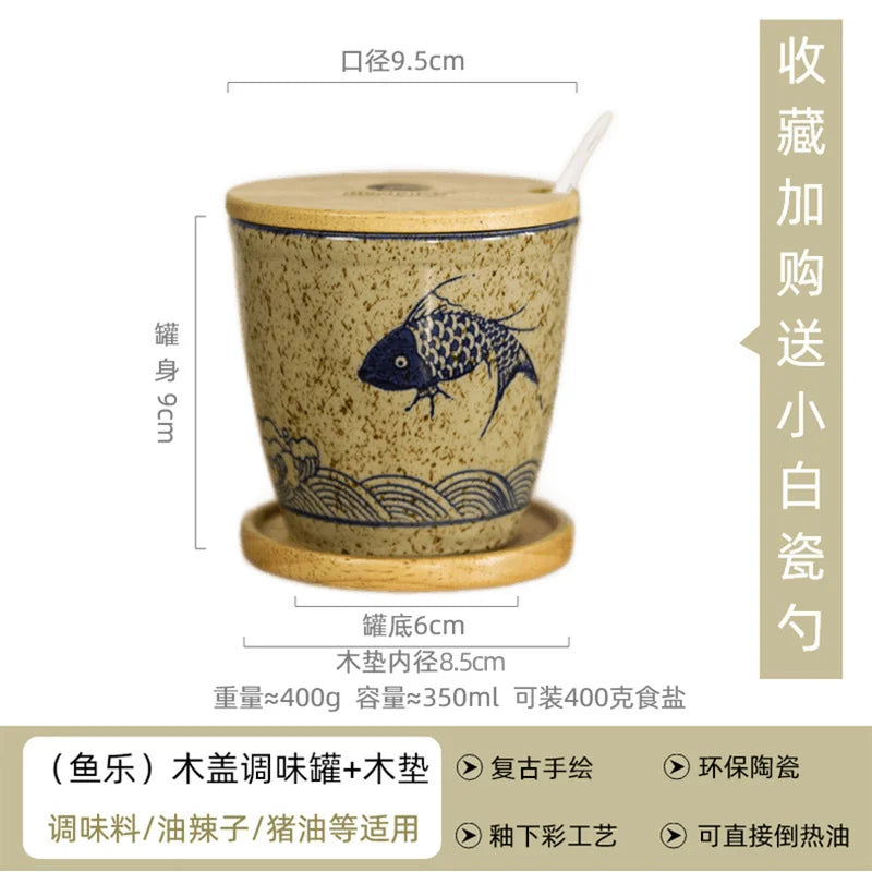 Ceramic Retro Seasoning Pot Hand-painted Salt Pot Oil Tank Pepper Pot for Kitchen Oasis Select porcelain spoon 3
