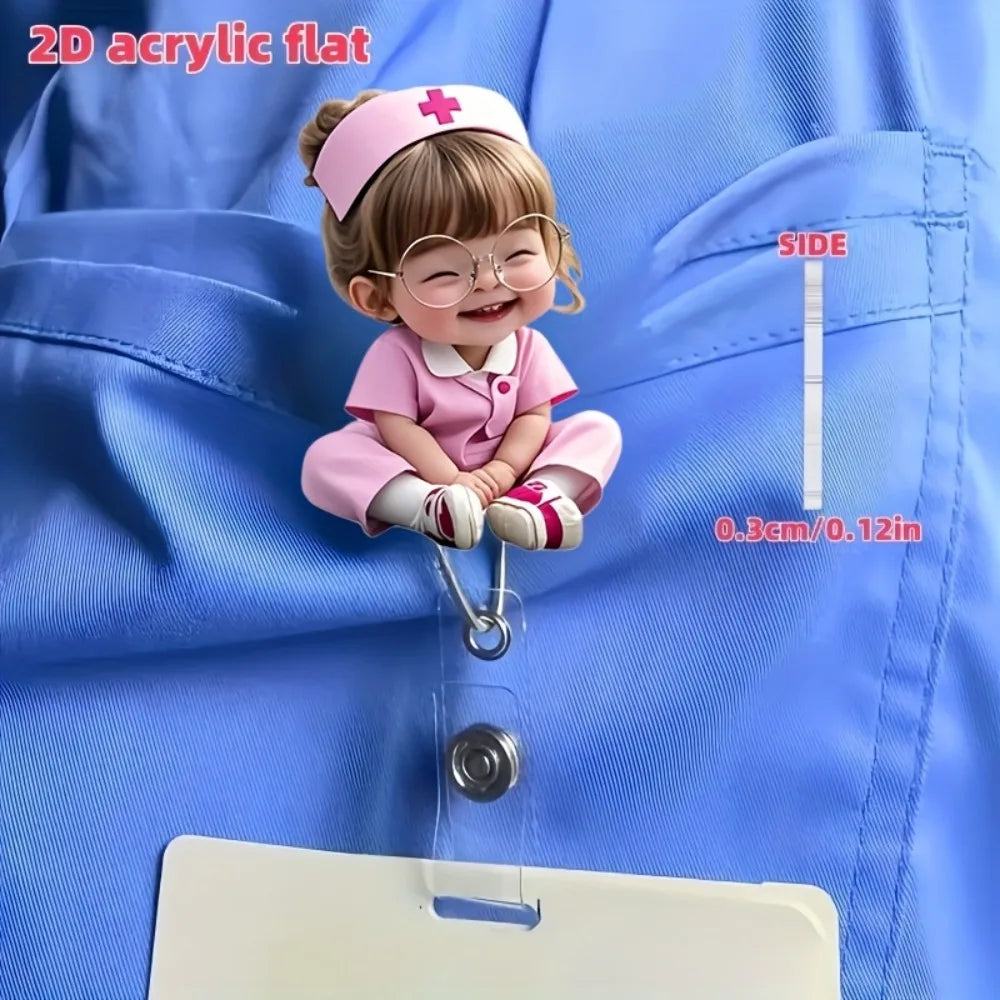 2D Flat， Cute Nurse ID Badge Holder with Glasses Pattern & Retractable Drawstring Oasis Select 1pc