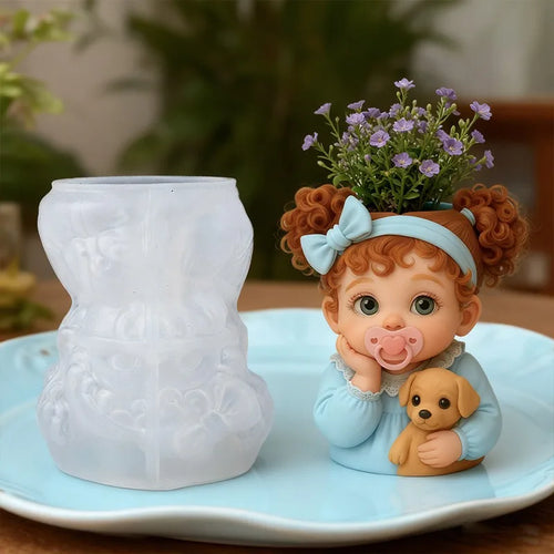 3D Cute Baby With Dog Silicone Mold DIY Resin Vase Gypsum Pot Candle Holder Storage Container Home Decor Craft Making Mould Oasis Select
