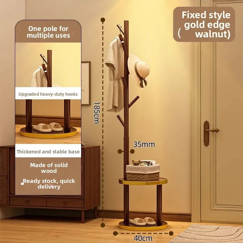 Multi-functional Bedside coat rack living room solid wood hanger double storage home floor hanger bedroom Oasis Select Walnut-B