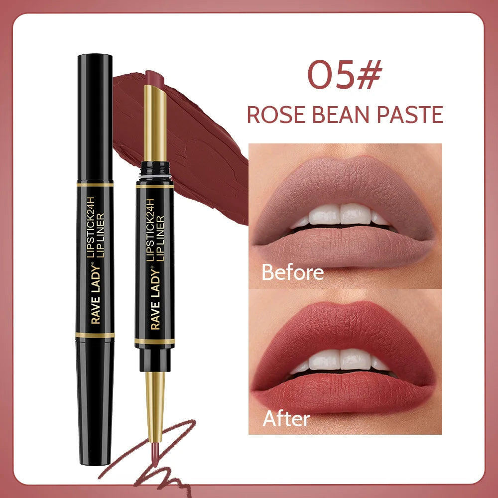 Rave Lady 2 IN 1 Matte Lipstick Lipliner Pencil 6 Color Christmas Gift Waterproof Lipstick Sexy Red Long Lasting Lipliner Makeup Oasis Select 05 Rose Bean Paste 1.3g
