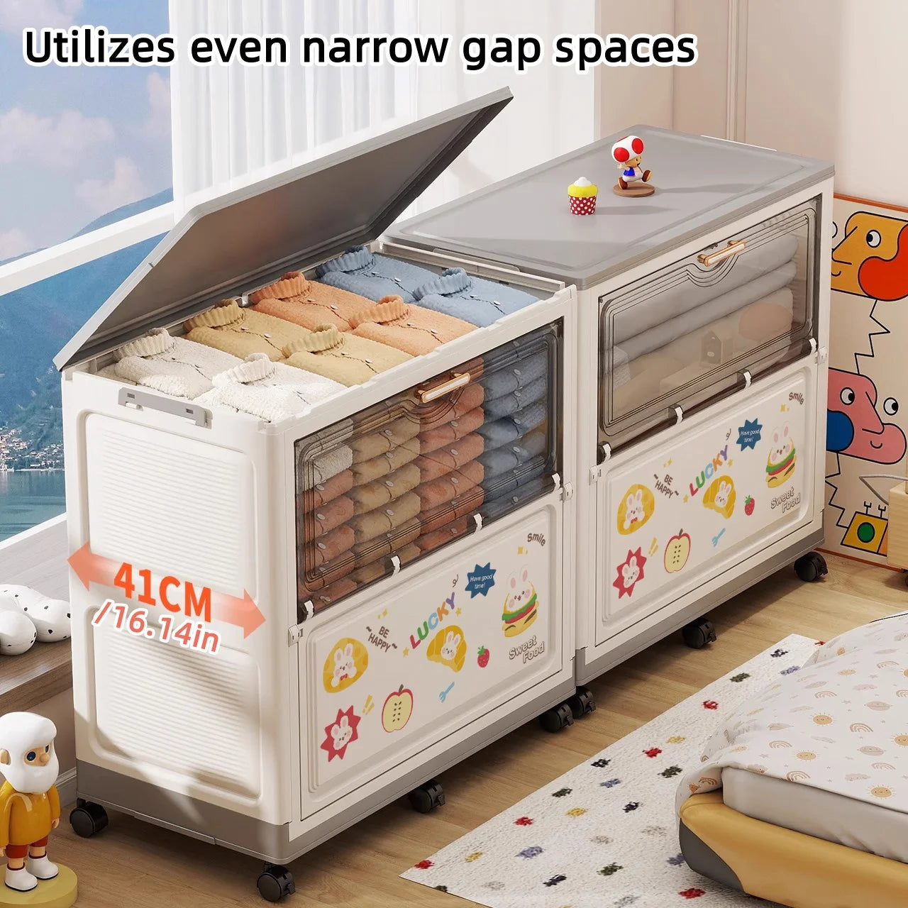 Cartoon Large Capacity Storage Box Foldable with Wheels Mobile Toy Organizer for Home Use Clothes Toys Bedding Oasis Select