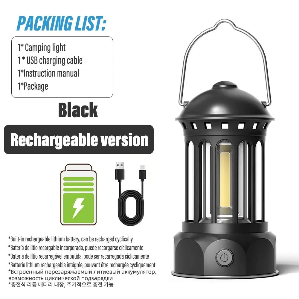 European Roman Pillar Vintage Camping Lantern Flashlight Rechargeable Lamp With Hook Warm White Light For Camping, Exploring Oasis Select Black-USB L800BR