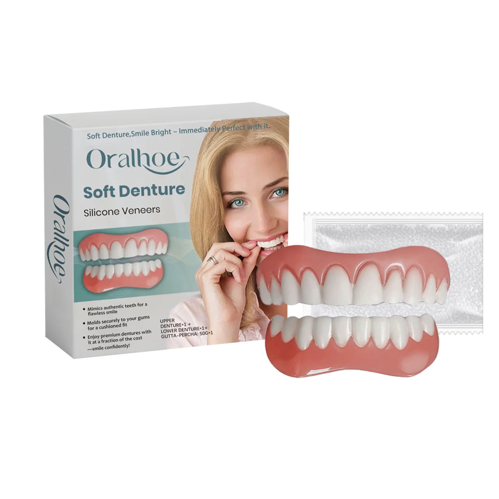 Soft Denture Silicone Kit Temporary Tooth Upper Lower Veneers Denture Decoration Set Fake Teeth Veneers Smile Correction Kit Oasis Select 1 set boxed