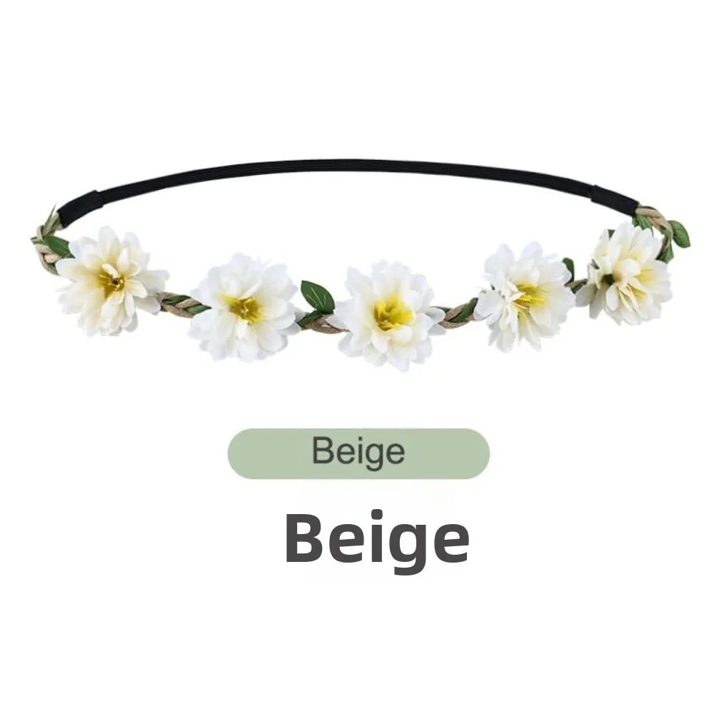 Pink Rose Floral Wreath Crown Hand Woven Adjustable Ribbon Bohemia Garland Headpiece Vintage Elegant Wedding Hair Accessories Oasis Select Beige