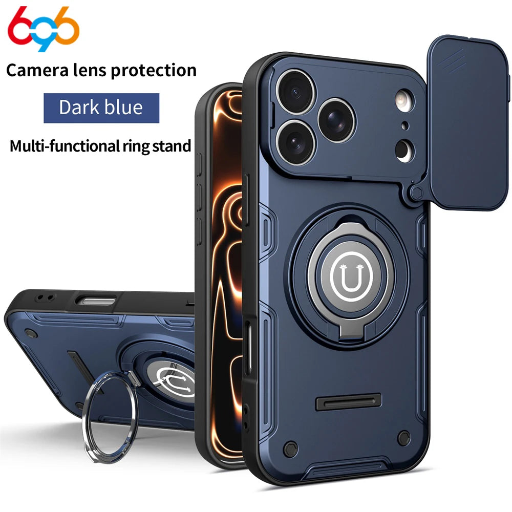 Magnetic Ring Stand Back Cover Shockproof Power Slide Camera Lens Protection For IPhone 17/16/15 Pro Max Cases 17Pro 16Pro 15Pro Oasis Select BL iPhone 15