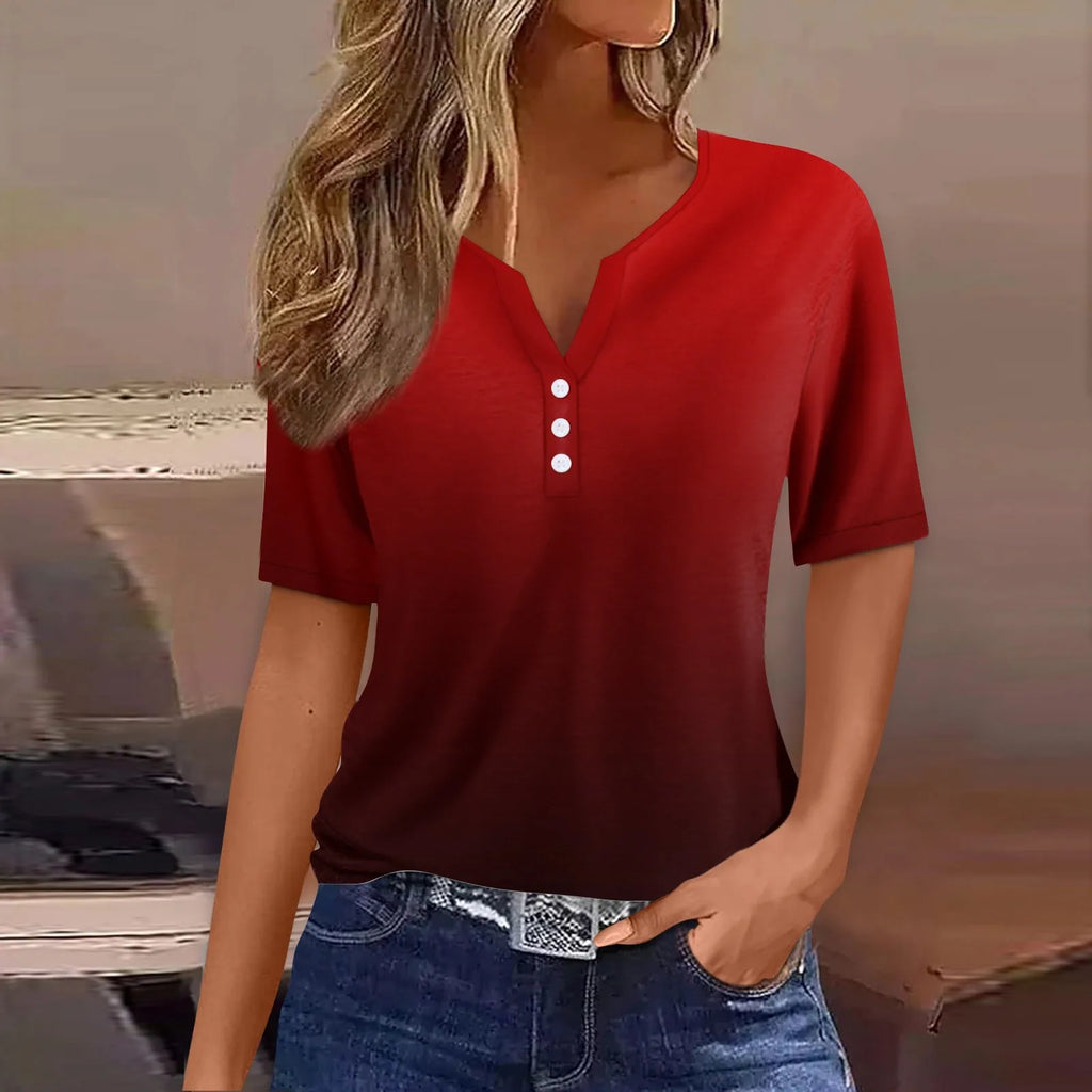 Women Summer Trendy Simple Casual Fashion Button T Shirt V Neck Short Sleeve Solid Loose Pullover Tops Plus Size Ropa De Mujer Oasis Select Wine XXXL