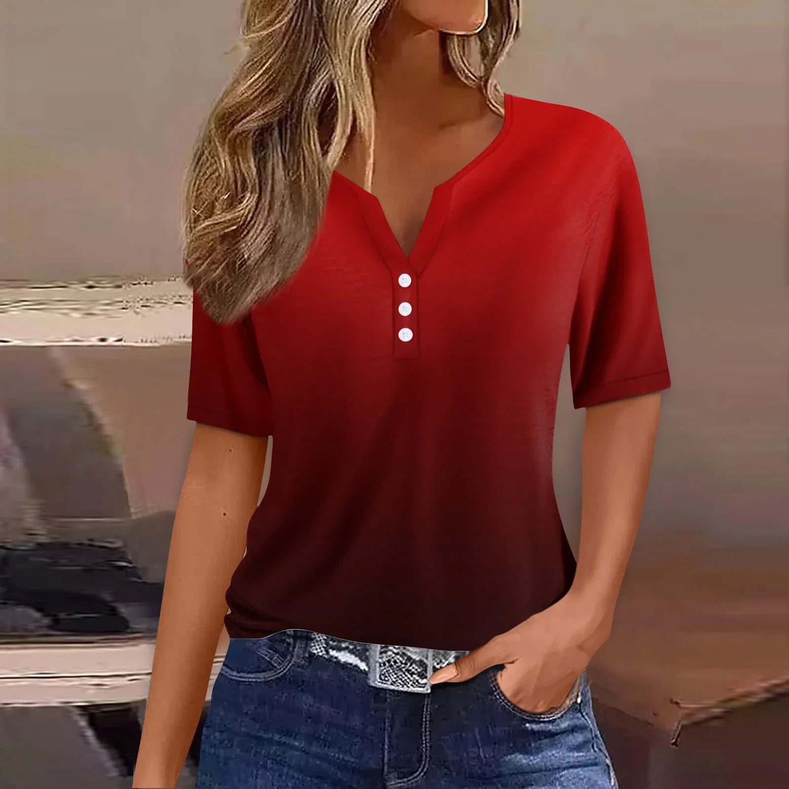Women Summer Trendy Simple Casual Fashion Button T Shirt V Neck Short Sleeve Solid Loose Pullover Tops Plus Size Ropa De Mujer Oasis Select Wine XXXL