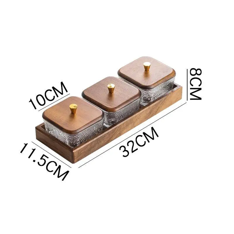 High-grade Solid Wood Glass Fruit Tray Bowl Household Living Room Tea Table Points Snack Candy Dry Fruit Tray Snack Nut Box Oasis Select 3 grids with cover