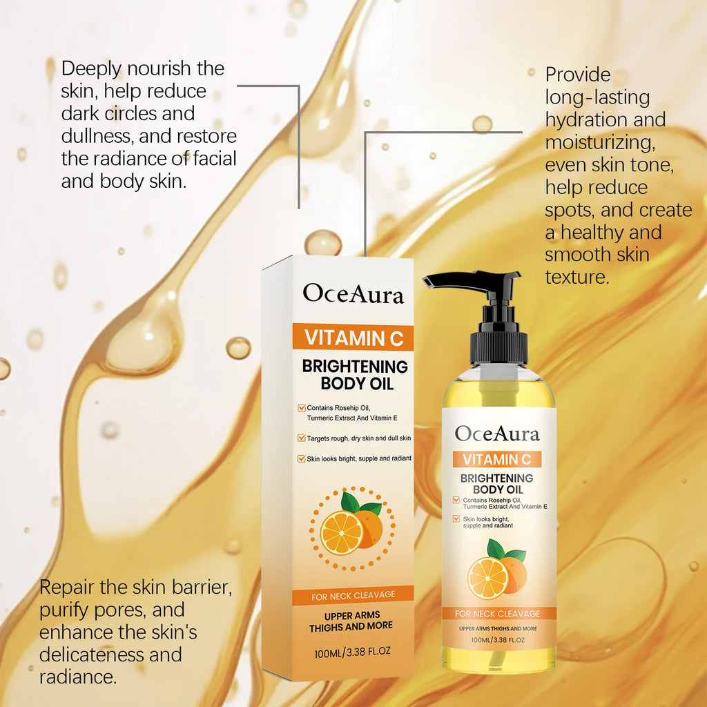 OceAura Vitamin C Body Oil Brightening Moisturizing Turmeric Rosehip Oil Dry Skin Smooth Radiant Neck Chest Arms Thighs 100ml Oasis Select