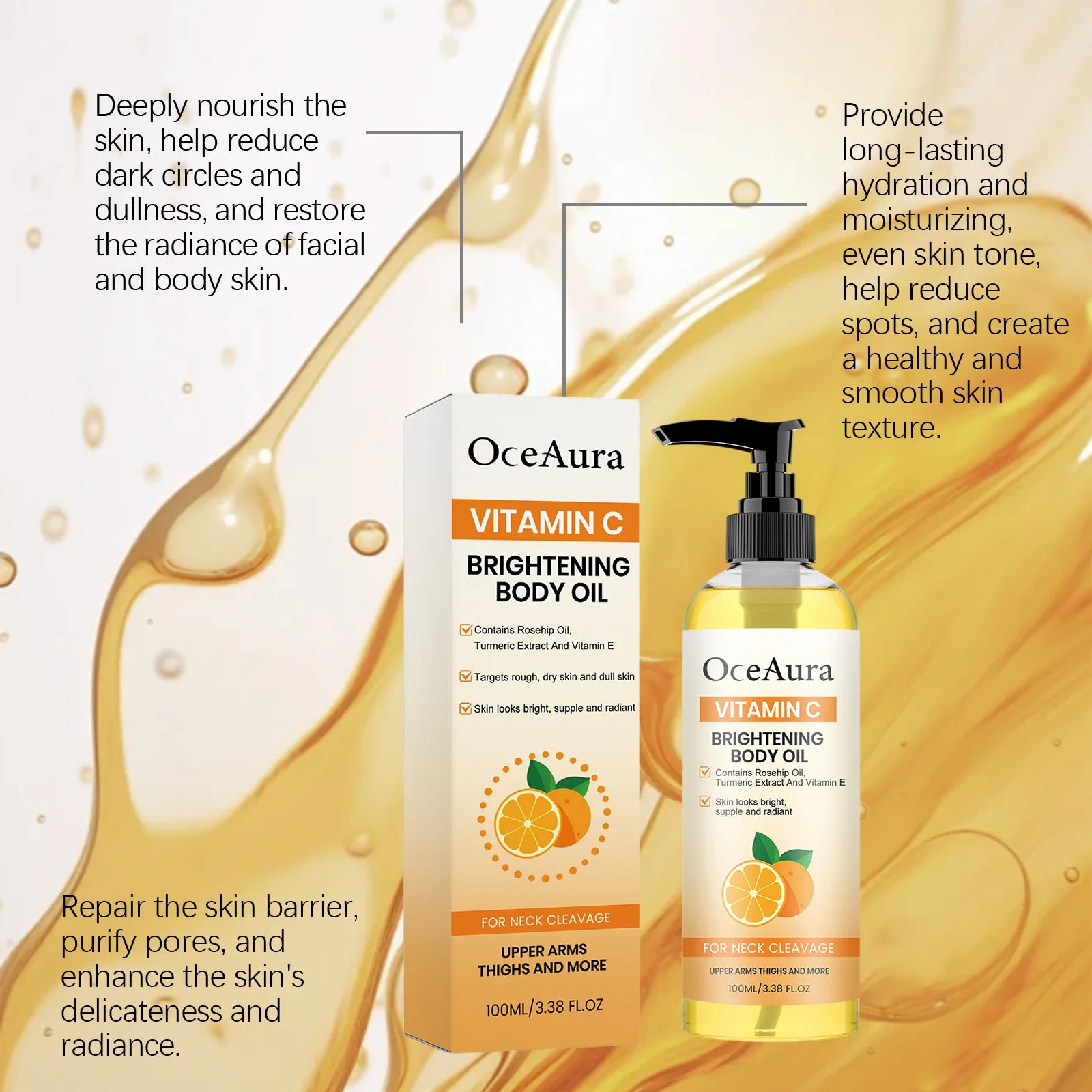 OceAura Vitamin C Body Oil Brightening Moisturizing Turmeric Rosehip Oil Dry Skin Smooth Radiant Neck Chest Arms Thighs 100ml Oasis Select