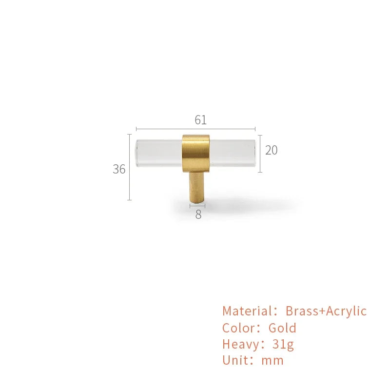 Brass Transparent Furniture Handles Modern Minimalist Acrylic Silver Gold Wardrobe Cupboards Dresser Drawer Kitchen Knobs Oasis Select A1-61mm