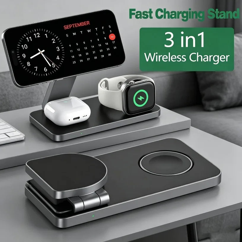 3 in 1 Foldable Wireless Charger 15W Magnetic Charging Station For MagSafe iPhone 17 16 15 14 13 12 Pro Max Apple Watch AirPods Oasis Select