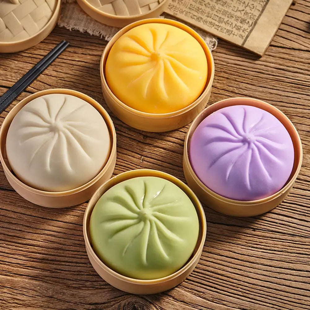 Colorful Dumpling Squishes Stress Balls Fidget Sensory Toys Simulation Food Squishies Bun with Steamer Squeeze Dough Ball Gifts Oasis Select