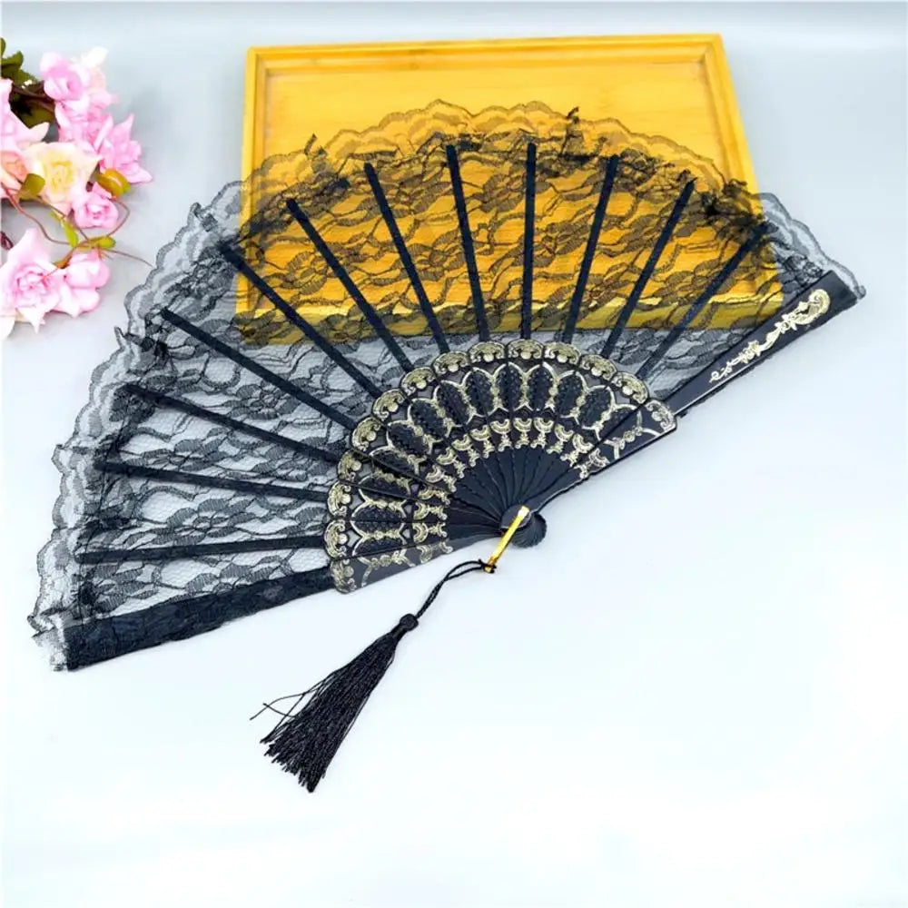 Lolita Gothic Fan Victorian Female Lace Hand Fan Vintage Black White Red Rose Bamboo Fans Cosplay Halloween Party Supplies Oasis Select Black as pictures