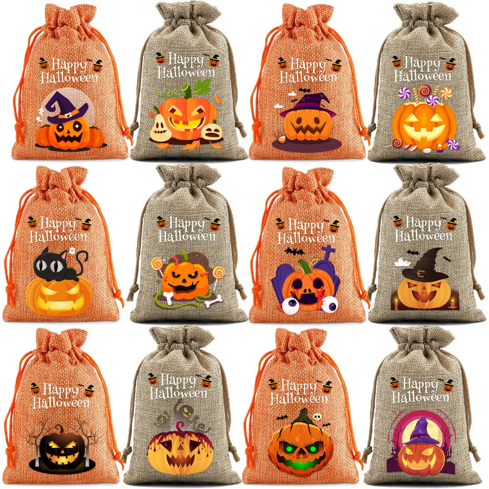 StoBag 12pcs Wholesale Halloween Linen Bag Gift Candy Packaging Drawstring Small Storage Kids Child Pouches Trick or Treat Party Oasis Select B-12PCS other