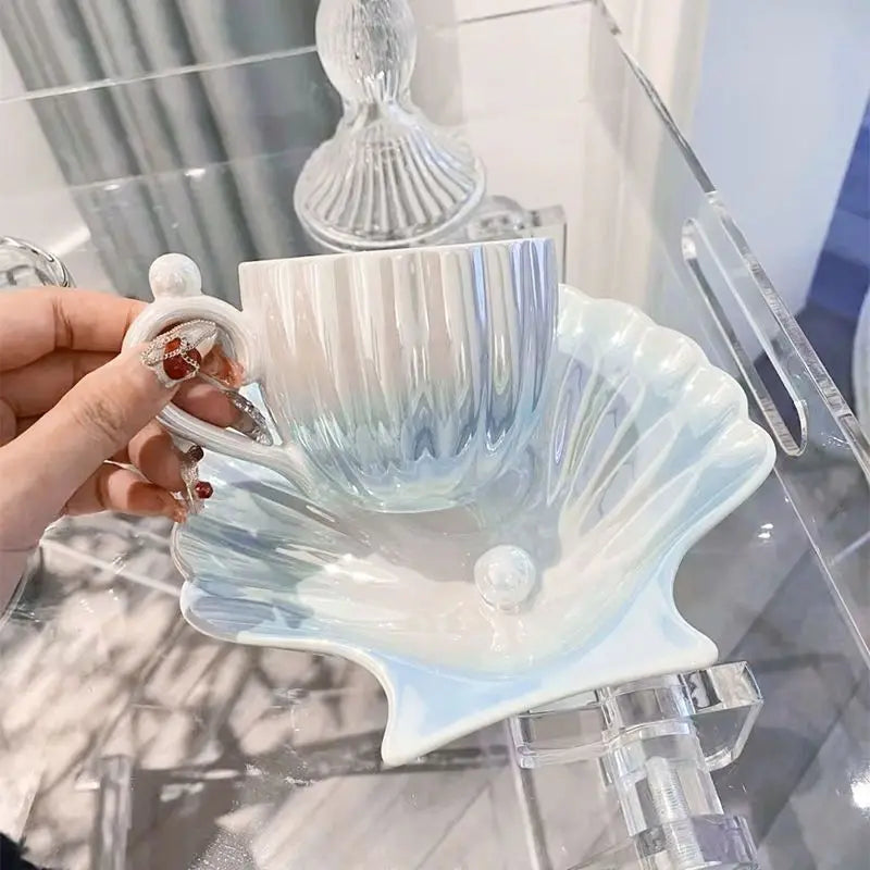 Shell Ceramic Mugs, Women's Coffee Water Cups Household Pearl Cup and Dish Sets High Appearance Level Cups Oasis Select