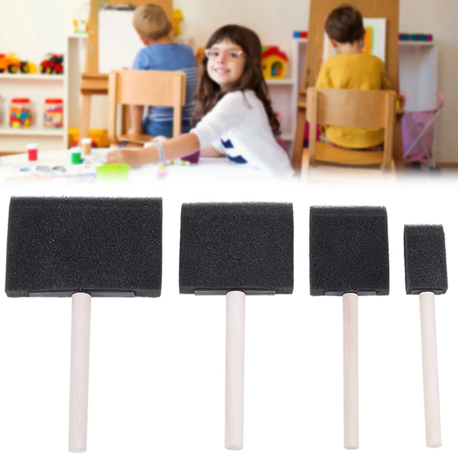 4-Piece Sponge Foam Paint Brush Set with Wooden Handle