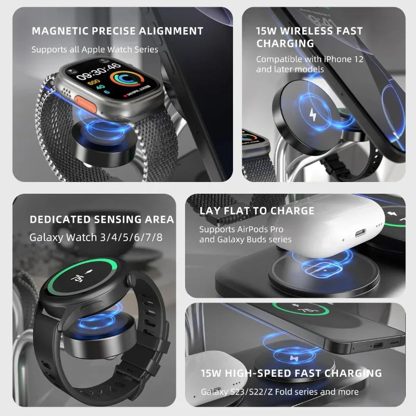 5 IN 1 15W Dual Phone Watch Magnetic Wireless Charger Fast Charging For iPhone 17~12 Samsung Apple/Galaxy Watch Aipods Pro/Buds Oasis Select