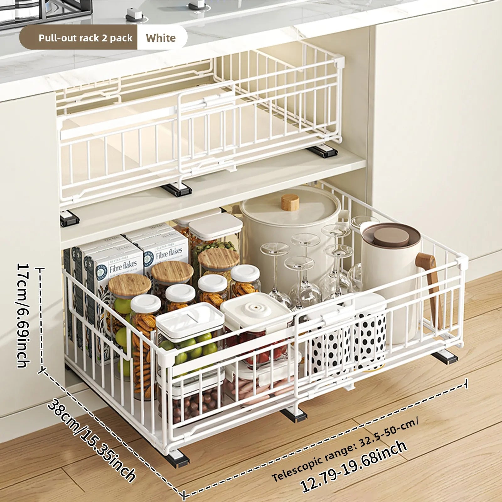 Telescopic basket, kitchen, deep cabinet, pull-out rack, tableware, storage box, cabinet, seasoning, dishes, drawer type Oasis Select White 2-piece set