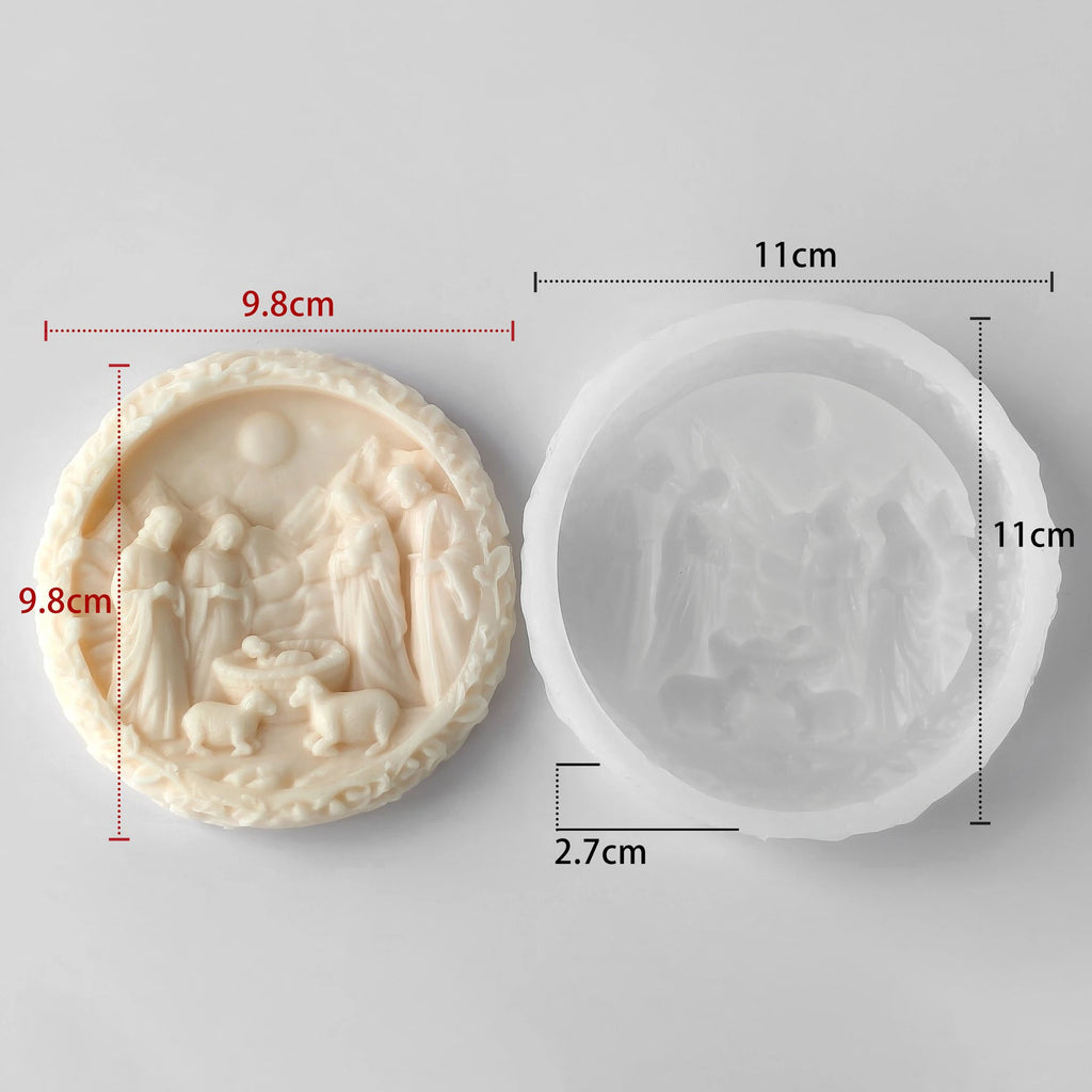 3D Nativity Scene Mold, Round Silicone Jesus Birth Candle Mould, Resin Fondant Gypsum Plaster Wax Soap Chocolate Crafting DIY Oasis Select B