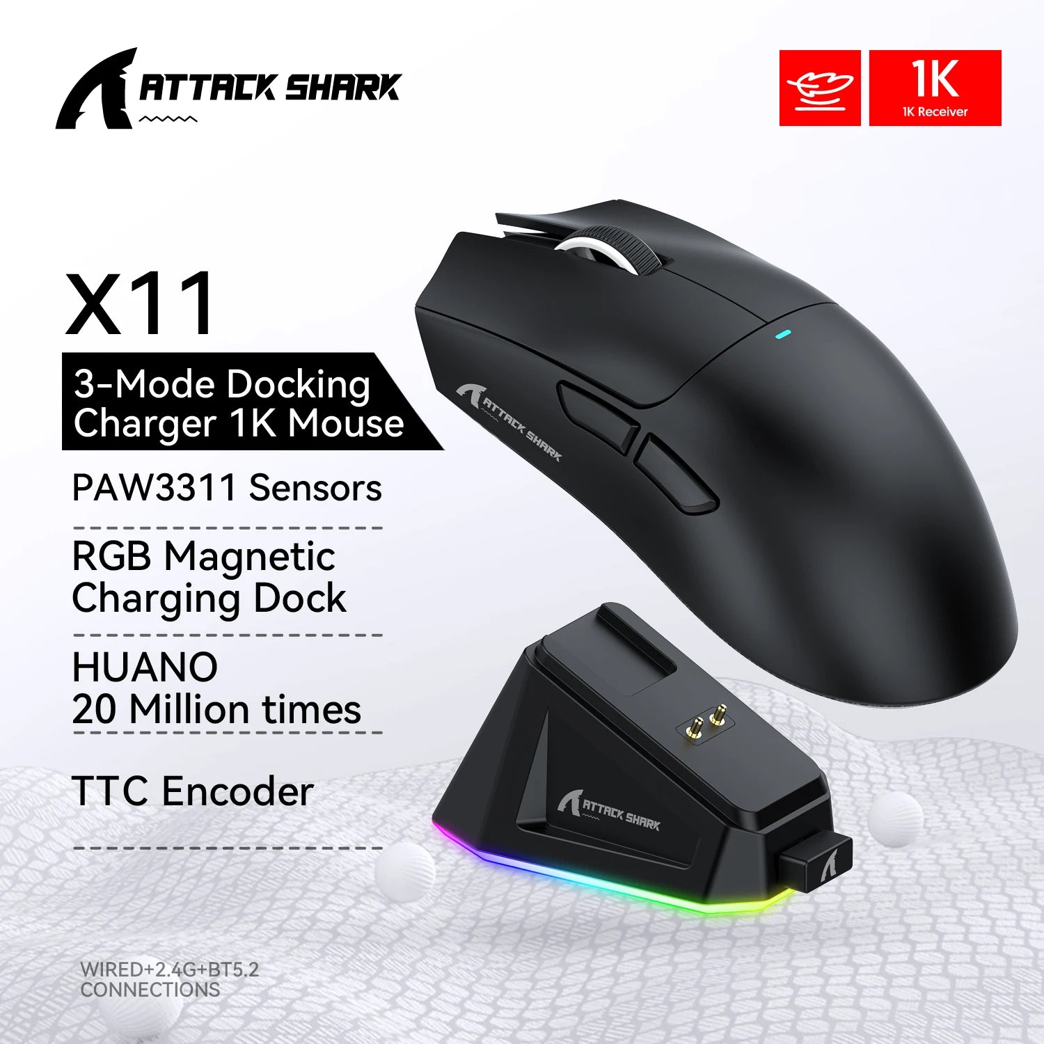 ATTACK SHARK X11Tri-Mode（BT,2.4G,Type-C）Magnetic Fast Charging Lightweight Gaming Mouse-22000DPI, RGB Lighting, 65H Battery Oasis Select X11 Black